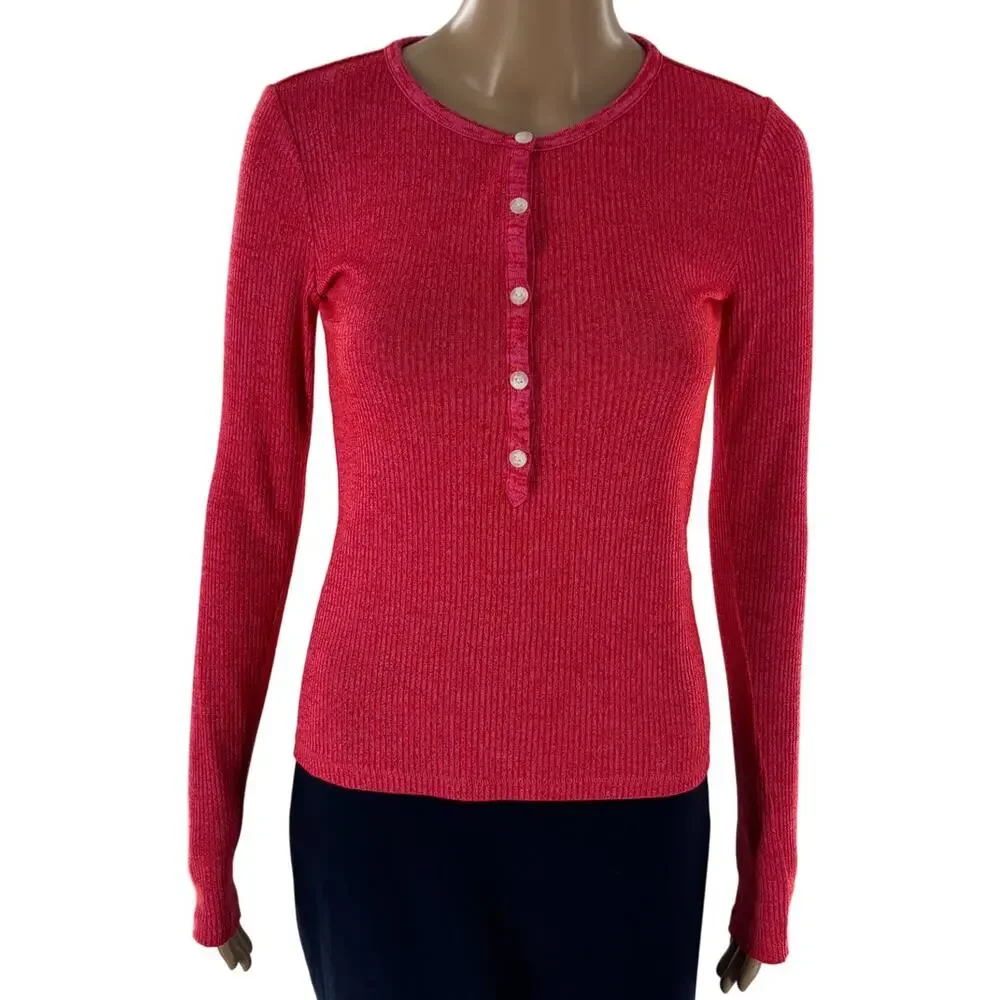 Rag & Bone Pink Marled Red The Knit Ribbed Henley Long Sleeve Top